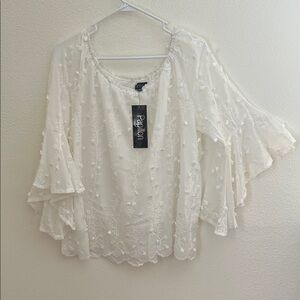 Papillon Blanc Ivory Floral Embroidered Ruffle Sleeve Blouse